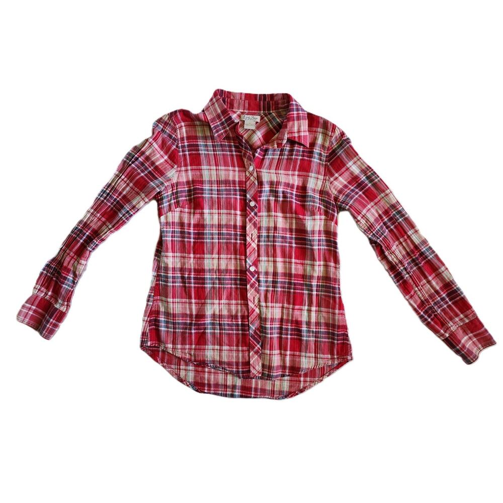 Womens Lucky Red Plaid 100% Cotton Collared Button Up Size Small Long Sleeve Top